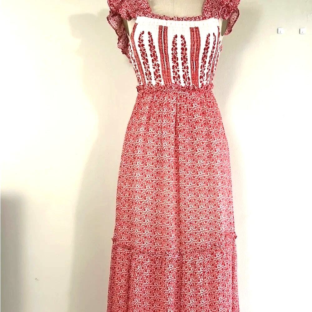 Jessica Simpson M Red Floral Smocked Maxi Dress peasant prairie ruffle feminine